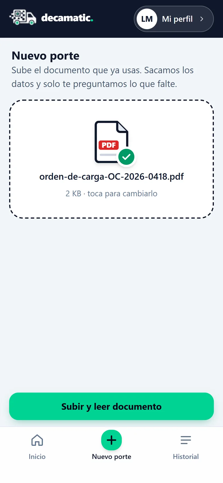 Pantalla «Nuevo porte» con una orden de carga en PDF seleccionada y el botón «Subir y leer documento».