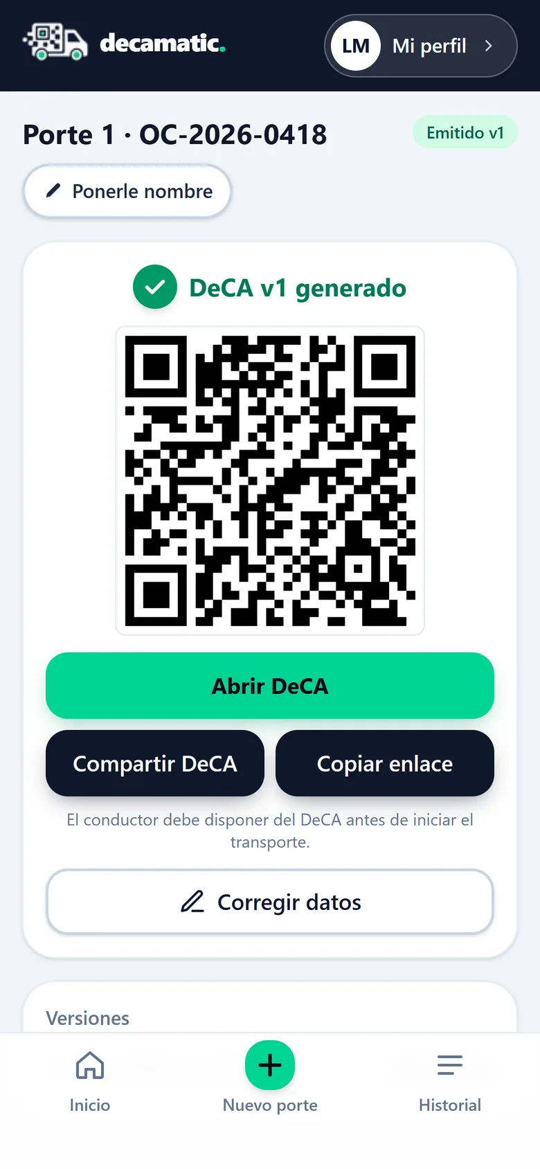 DeCA v1 generado con su código QR en Decamatic.