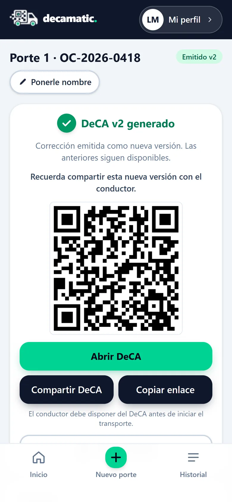 Pantalla «DeCA v2 generado» tras una corrección, con el recordatorio de compartir la nueva versión con el conductor.